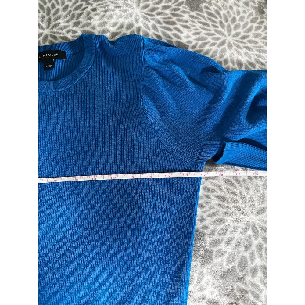 Cobalt Blue Puff Sleeve Sweater Small Crew Neck Minimalist Office Chic Preppy - Picture 5 of 7